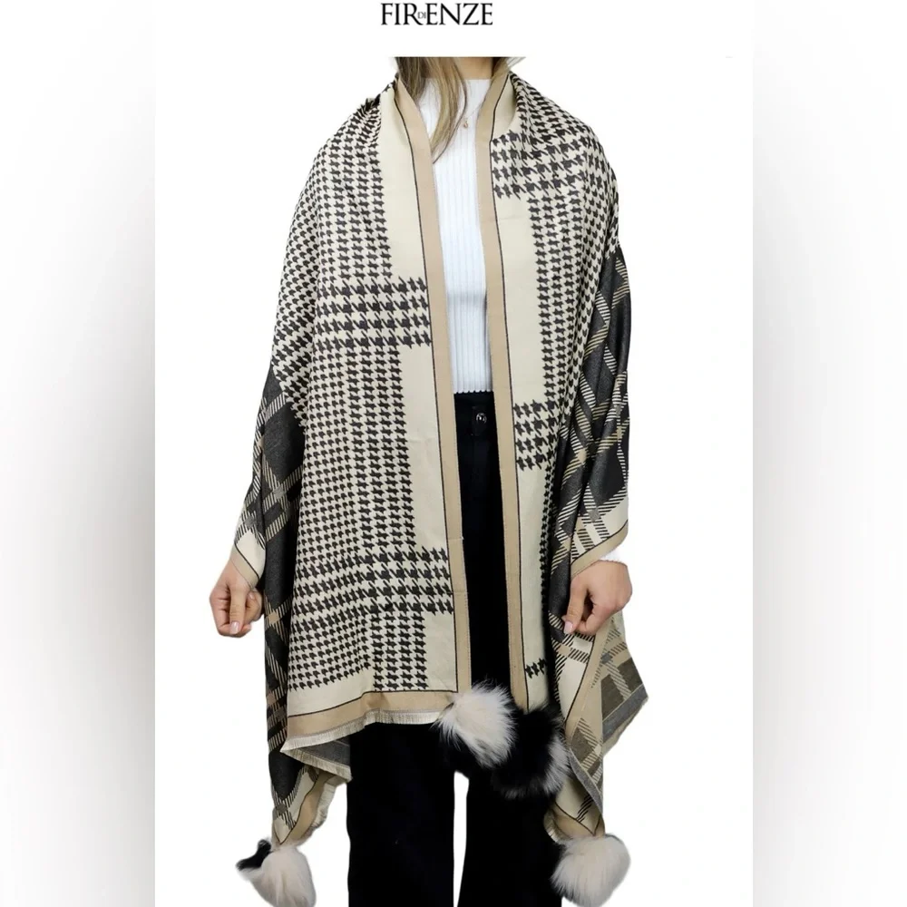 LA FIORENTINA PLAID/HOUNDSTOOTH PRINT WRAP WITH FOX POMS - BLACK & BEIGE - Picture 3 of 9